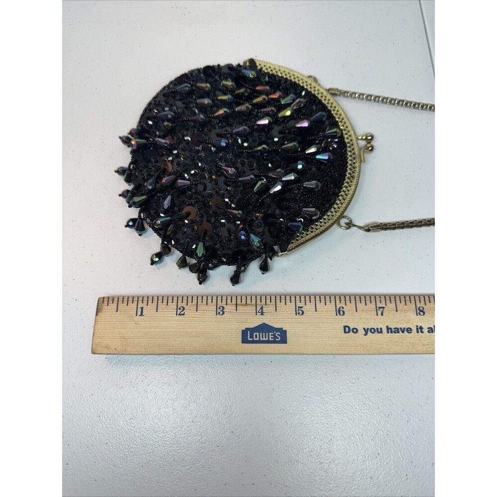 Vintage Black Bead Sequins Purse Cocktail  18” Hang Chain Gold Tone  Rhinestones